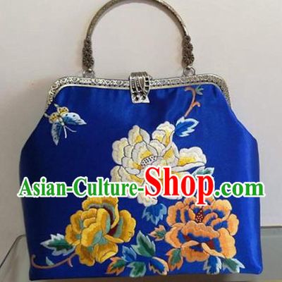 Chinese Traditional Embroidered Peony Blue Handbag Handmade Embroidery Craft