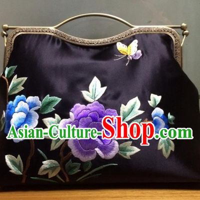 Chinese Traditional Embroidered Peony Black Handbag Handmade Embroidery Craft
