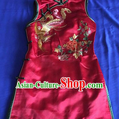 Chinese Traditional Silk Costume Tang Suit Embroidered Phoenix Peony Red Silk Qipao Dress for Women