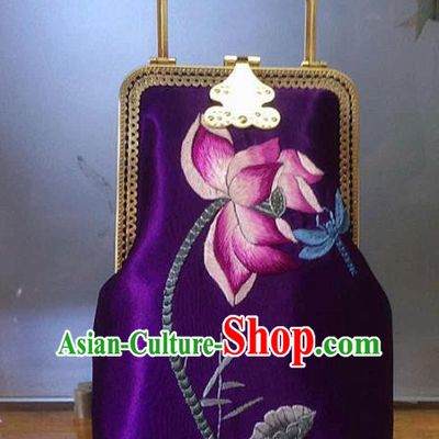 Chinese Traditional Embroidered Lotus Purple Handbag Handmade Embroidery Craft Silk Bags