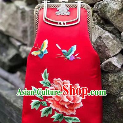 Chinese Traditional Embroidered Peony Red Handbag Handmade Embroidery Craft Silk Bags