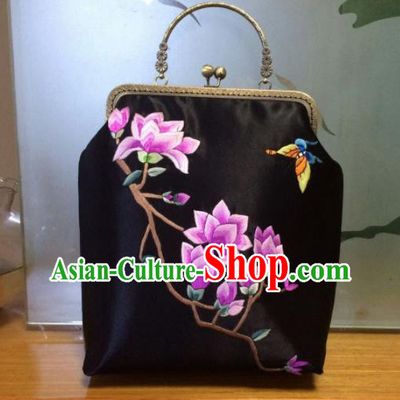 Chinese Traditional Embroidered Magnolia Black Handbag Handmade Embroidery Craft Silk Bags