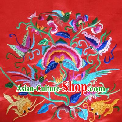 Asian Chinese Traditional Embroidered Red Silk Patches Handmade Embroidery Craft