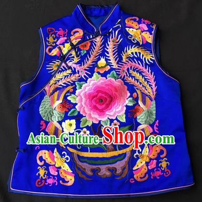 Chinese Traditional Silk Costume Tang Suit Embroidered Peony Royalblue Vest for Women