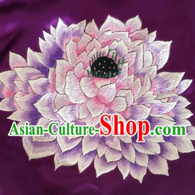 Asian Chinese Traditional Embroidered Lotus Purple Silk Patches Handmade Embroidery Craft