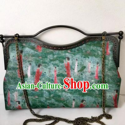 Chinese Traditional Green Handbag Handmade Embroidery Craft Silk Bags