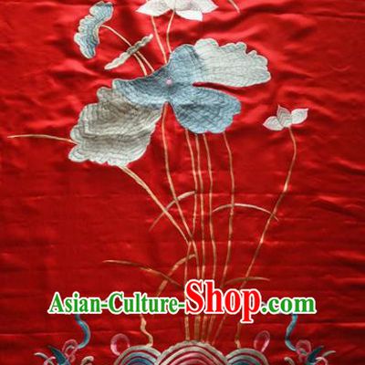 Asian Chinese Traditional Embroidered Lotus Red Silk Patches Handmade Embroidery Craft