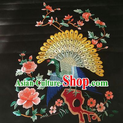 Asian Chinese Traditional Embroidered Peacock Peony Silk Patches Handmade Embroidery Craft