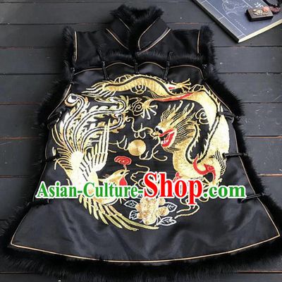 Chinese Traditional Costume Tang Suit Embroidered Dragon Phoenix Black Vest for Women