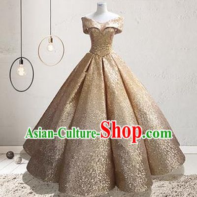 Top Grade Stage Performance Costumes Elegant Golden Sequins Full Dress for Women