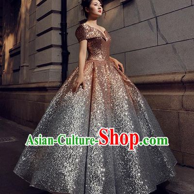 Top Grade Stage Performance Costumes Elegant Golden Sequins Full Dress for Women