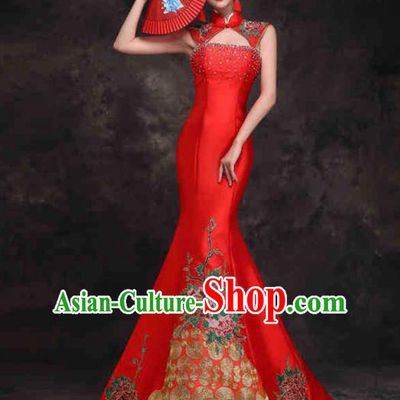 Chinese Traditional Costumes Elegant Embroidered Peony Red Cheongsam Full Dress for Women
