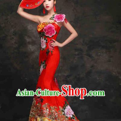 Chinese Traditional Costumes Elegant Embroidered Red Cheongsam Trailing Full Dress for Women
