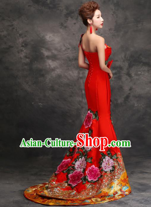 Chinese Traditional Costumes Elegant Embroidered Red Cheongsam Trailing Full Dress for Women Chinese Traditional Costumes Elegant Embroidered Red Cheongsam Trailing Full Dress for Women