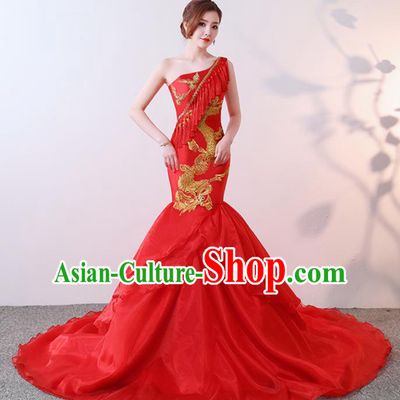 Chinese Traditional Costumes Elegant Red Full Dress Qipao Dress for Women