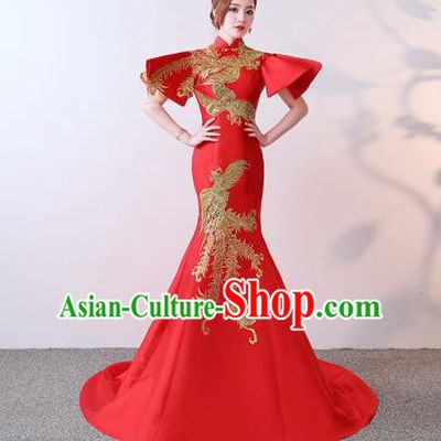 Chinese Traditional Costumes Elegant Red Full Dress Wedding Trailing Qipao Dress for Women