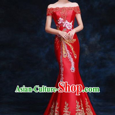 Chinese Traditional Costumes Elegant Embroidered Phoenix Full Dress Wedding Qipao Dress for Women