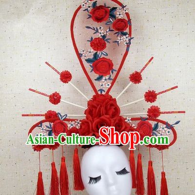 Asian Chinese Traditional Palace Hair Accessories Catwalks Red Peony Exaggerated Headdress for Women