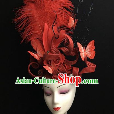 Top Halloween Catwalks Hair Accessories Brazilian Carnival Red Feather Butterfly Headdress for Women