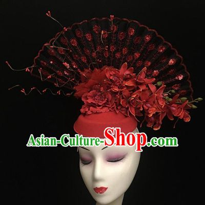 Top Halloween Hair Accessories Chinese Traditional Catwalks Red Flowers Top Hat Headdress for Women