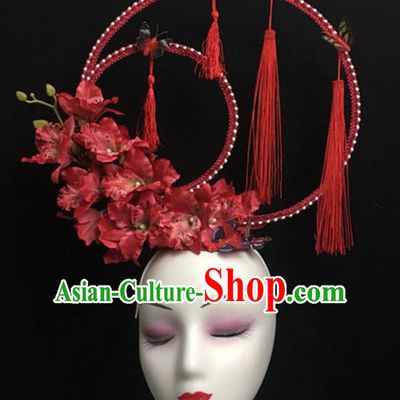 Top Halloween Red Flowers Tassel Hair Accessories Chinese Traditional Catwalks Giant Headpiece for Women