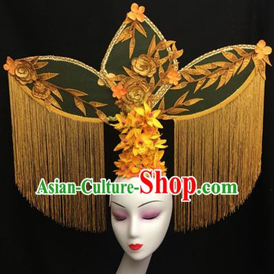 Top Halloween Giant Hair Accessories Chinese Traditional Catwalks Yellow Tassel Headpiece for Women