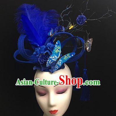 Top Halloween Catwalks Hair Accessories Stage Show Blue Feather Butterfly Headdress for Women