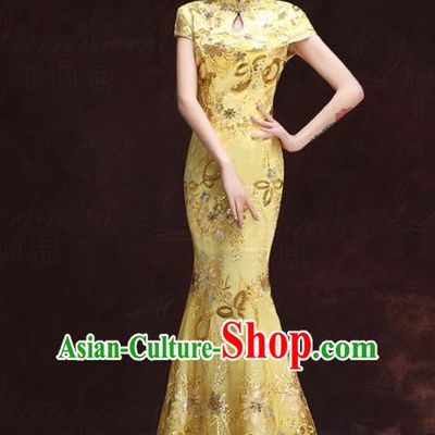 Chinese Traditional Costumes Elegant Mermaid Full Dress Yellow Qipao Dress for Women