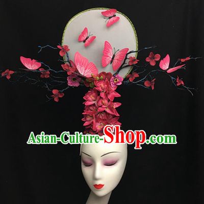 Top Halloween Stage Show Giant Hair Accessories Chinese Traditional Catwalks Pink Butterfly Headpiece for Women