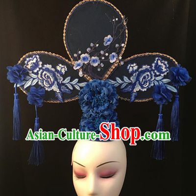 Top Halloween Stage Show Blue Peony Giant Hair Accessories Chinese Traditional Catwalks Headpiece for Women