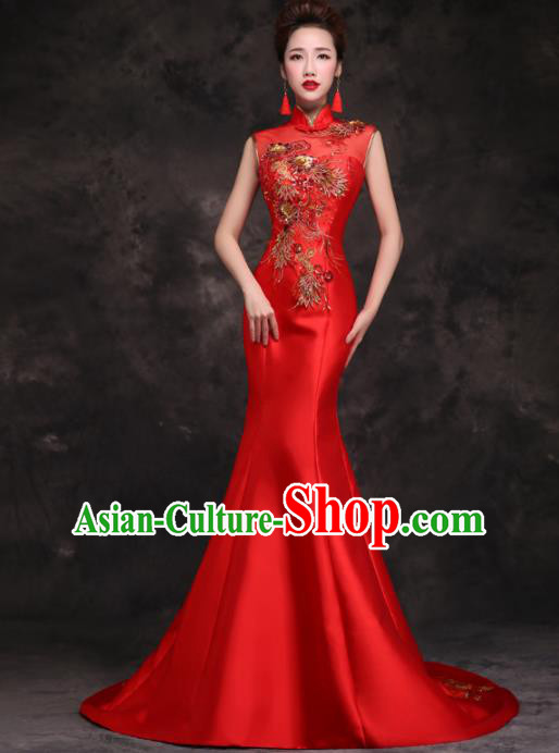 Chinese Traditional Costumes Elegant Wedding Mermaid Full Dress Red Qipao Dress for Women