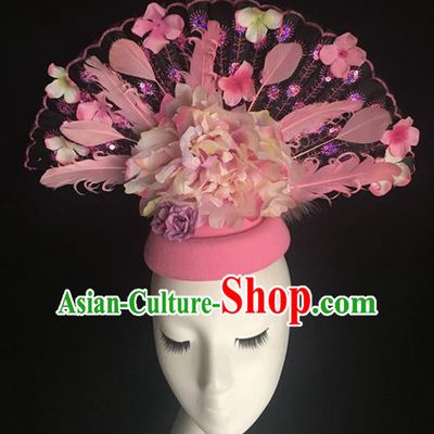 Top Halloween Hair Accessories Stage Show Chinese Traditional Catwalks Pink Top Hat Headpiece for Women