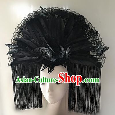 Top Halloween Black Feather Tassel Giant Hair Accessories Stage Show Chinese Traditional Palace Catwalks Headpiece for Women