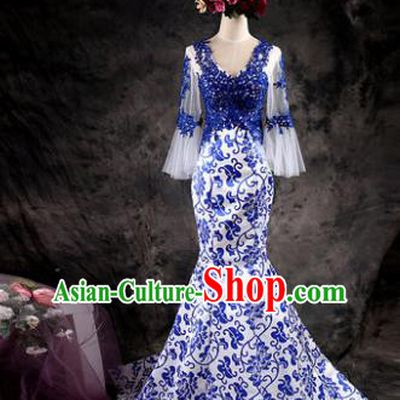 Chinese Traditional Costumes Elegant Full Dress Compere Qipao Dress for Women