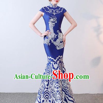 Chinese Traditional Qipao Dress Elegant Compere Blue Full Dress for Women
