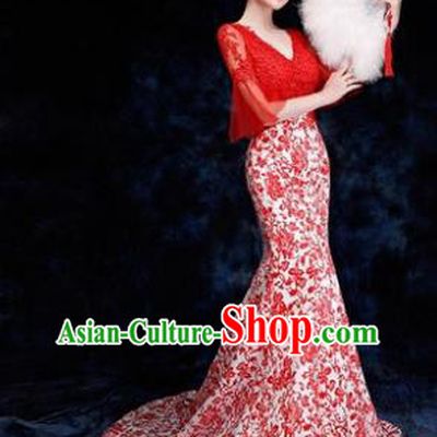 Chinese Traditional Costumes Elegant Red Lace Full Dress Compere Qipao Dress for Women