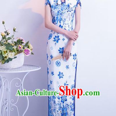 Chinese Traditional Blue Cheongsam Qipao Dress Elegant Compere Full Dress for Women