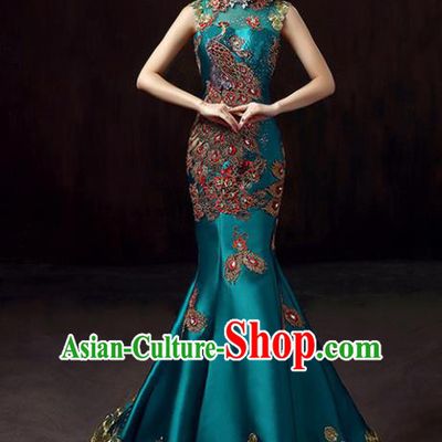 Chinese Traditional Green Cheongsam Mermaid Qipao Dress Elegant Compere Full Dress for Women