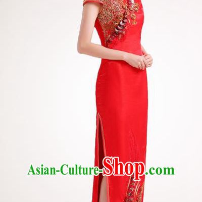 Chinese Traditional Red Cheongsam Elegant Qipao Dress Compere Full Dress for Women