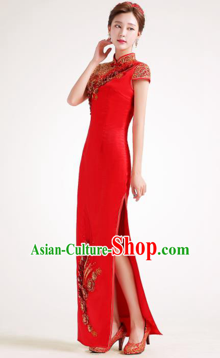Chinese Traditional Red Cheongsam Elegant Qipao Dress Compere Full Dress for Women Chinese Traditional Red Cheongsam Elegant Qipao Dress Compere Full Dress for Women