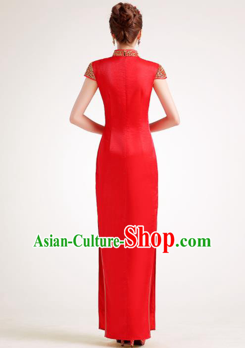 Chinese Traditional Red Cheongsam Elegant Qipao Dress Compere Full Dress for Women Chinese Traditional Red Cheongsam Elegant Qipao Dress Compere Full Dress for Women
