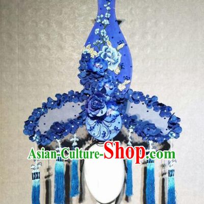 Asian Chinese Traditional Hair Accessories Catwalks Blue Vase Flowers Headdress for Women