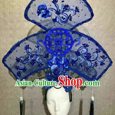 Asian Chinese Traditional Hair Accessories Catwalks Blue Embroidered Headdress for Women