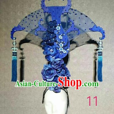Asian Chinese Traditional Hair Accessories Catwalks Blue Peony Headdress for Women