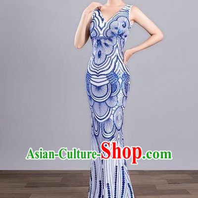 Top Grade Stage Performance Costumes Modern Dance Elegant Blue Full Dress for Women