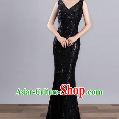 Top Grade Stage Performance Costumes Modern Dance Elegant Black Sequins Full Dress for Women
