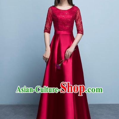 Top Grade Stage Performance Compere Wine Red Formal Dress Chorus Elegant Lace Full Dress for Women