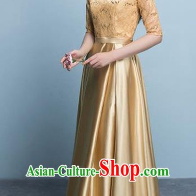 Top Grade Stage Performance Compere Golden Formal Dress Chorus Elegant Lace Full Dress for Women