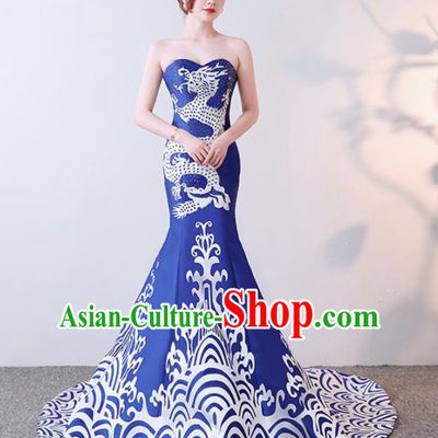 Chinese Traditional Trailing Qipao Dress Elegant Compere Blue Full Dress for Women