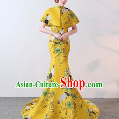 Chinese Traditional Trailing Yellow Qipao Dress Elegant Compere Full Dress for Women